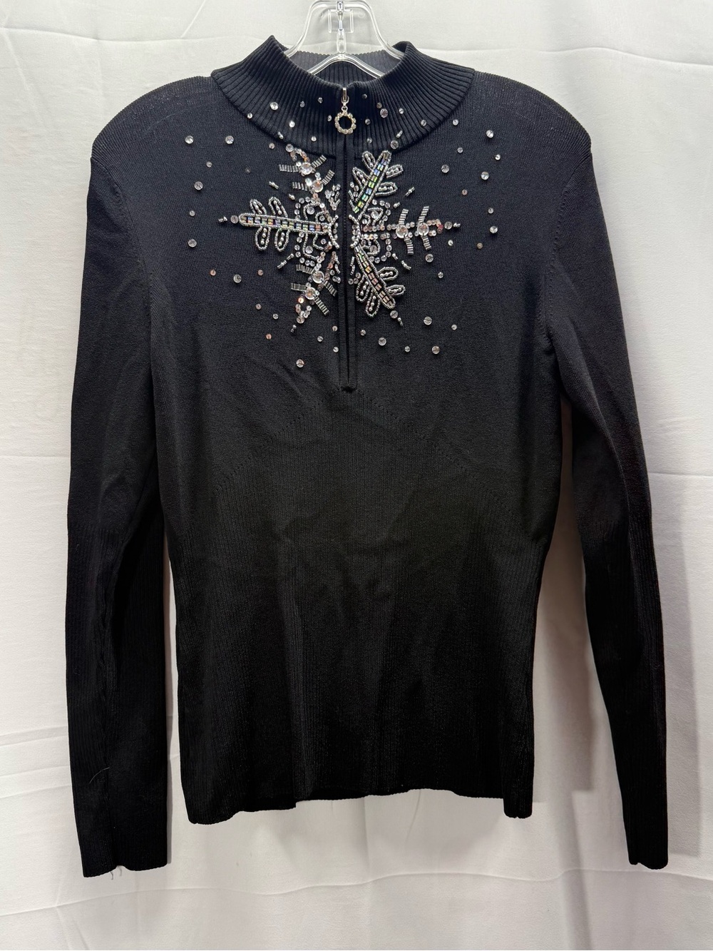 Boston Proper Black Zip-Up Sweater with Crystal Snowflake Accent Size Large